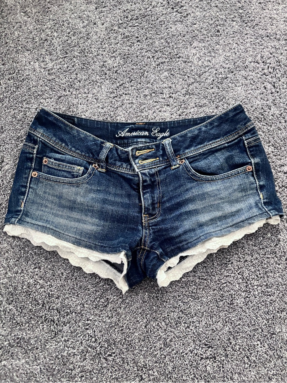 American Eagle Outfitters Dark Blue Denim Shorts with White Lace Trim